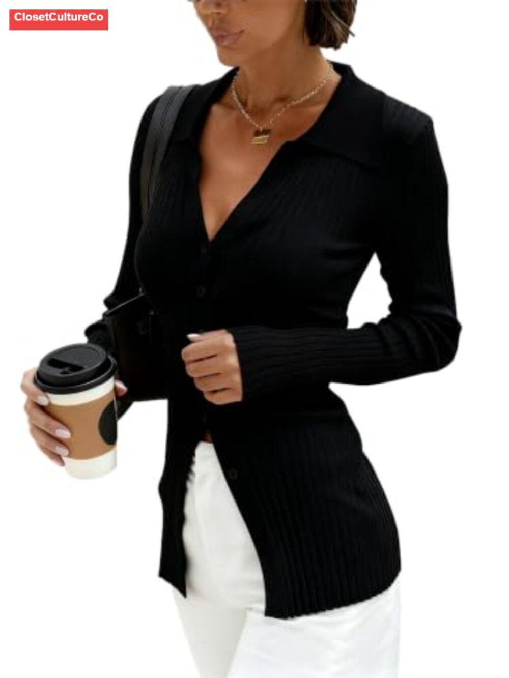 Knit Collared Button Up Sweater Cinched Waist Cardigan